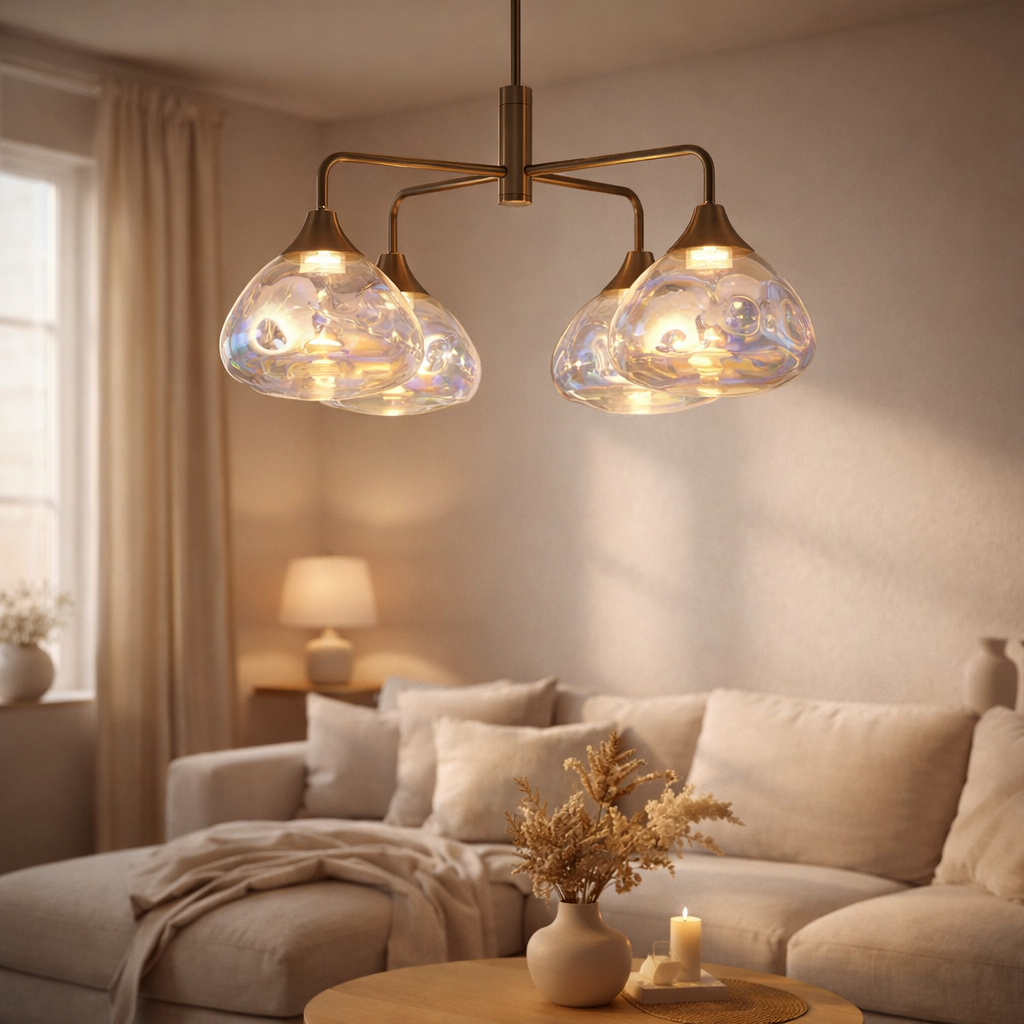 LED PENDANT LAMP 5-FLAME Varna, lampe pendentielle en métal de couleur en laiton et en verre d'iris, LED fermement intégré, 50 cm de diamètre, éclairage élégant pour le salon, la salle à manger ou le couloir en situation