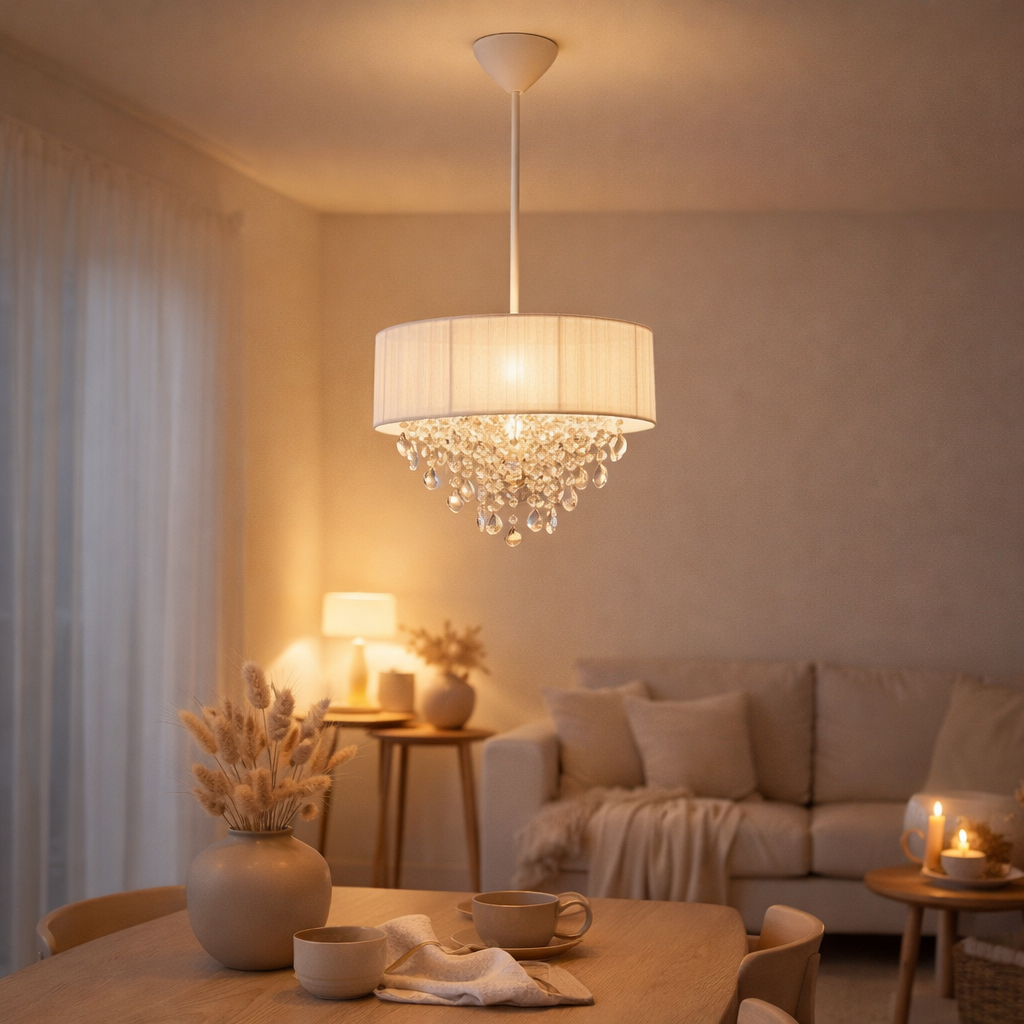 Pendard décoratif Crystallo, lampe suspendue en métal, matériau transparent en plastique et textile blanc, socket E27, pour salle à manger, salon, couloir ou bureau, 30 cm de diamètre en situation
