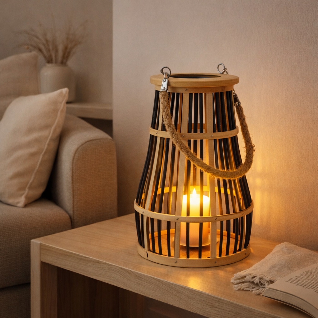 Décol Light Korbinien, y compris une bougie solaire pour le jardin et le balcon, de Rattan dans la nature, hauteur de lampe solaire 35 cm en situation