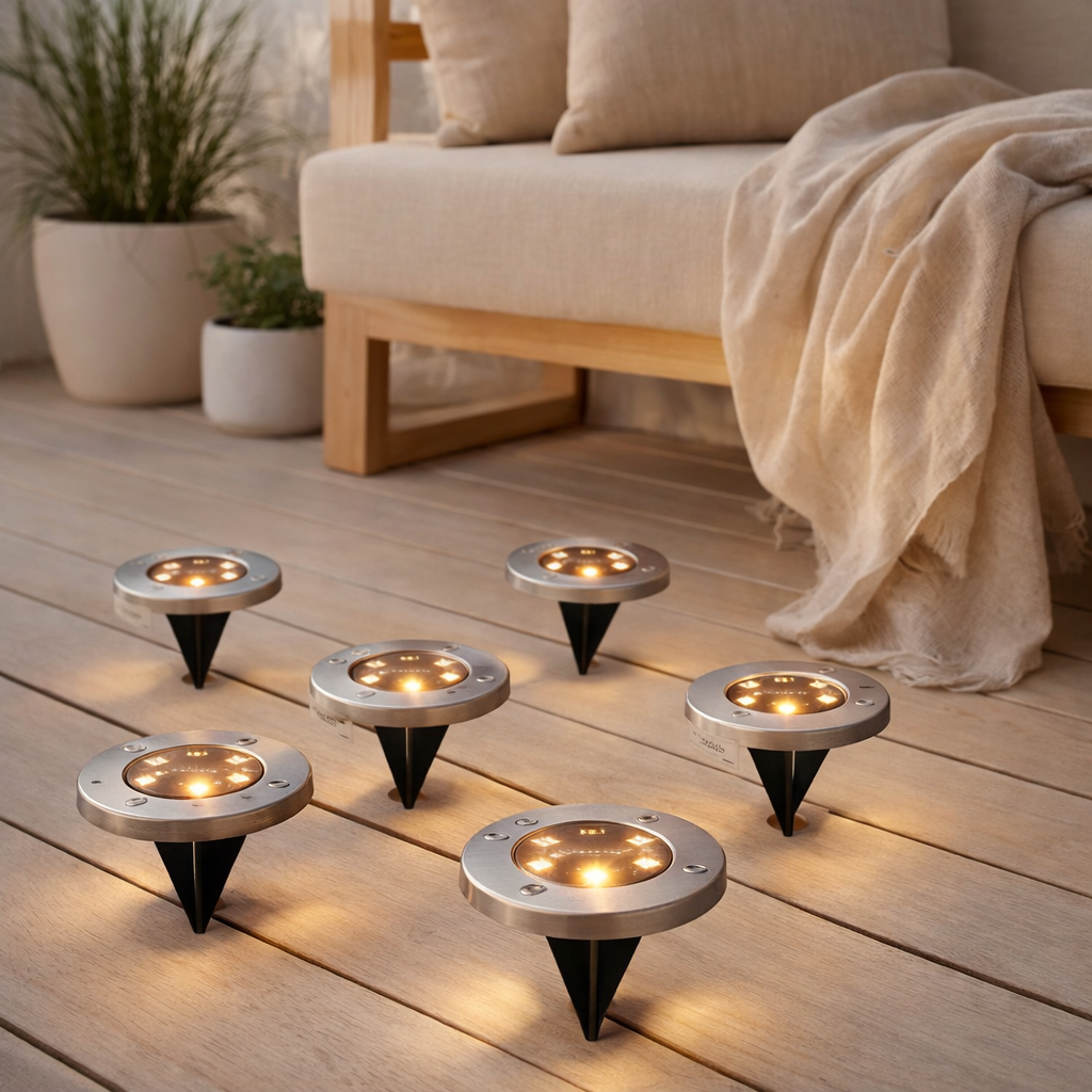 Brochet à étage solaire à LED à 6 sets pour l'extérieur, brochettes en métal et en plastique en blanc en acier, avec LED intégrée en situation