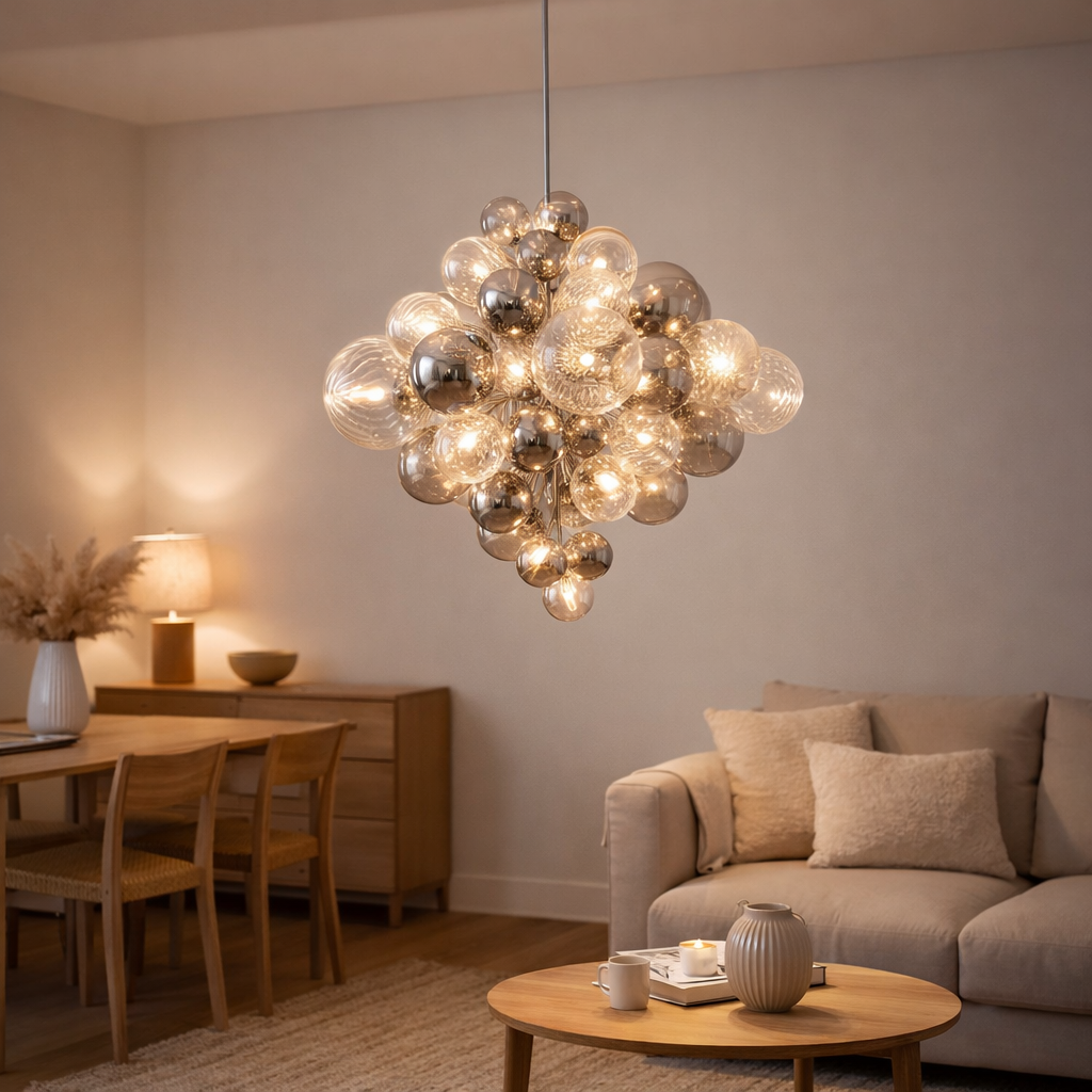 PENDANT LAMP SPHERE Ø 75 cm, AU S et verre avec différentes structures, éclairage pour le salon, la salle à manger ou le bureau. en situation
