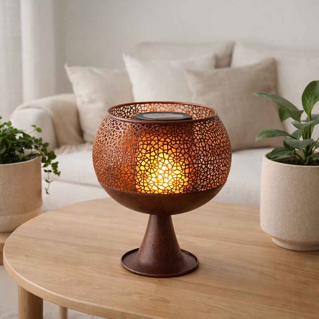 Lumière solaire décorative LED avec une base de 25 cm de haut, avec effet de flamme, pour l'extérieur, en métal et en plastique de couleur rouille, avec une LED fermement intégrée en situation