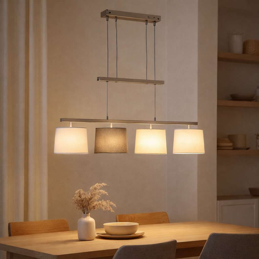 4 pendentif Tilde, lampe à pendule en métal classique et textile en gris et blanc, avec cadre E27, réglable en hauteur, 86 cm de long, idéal comme lampe à manger en situation