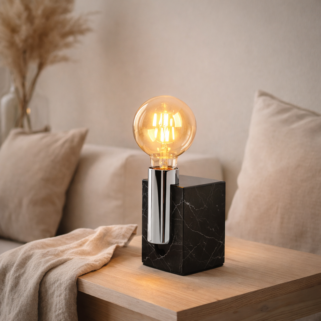 Lampe en marbre Gemma 16 cm de haut, en marbre et en métal de couleur en acier inoxydable, socket E27, éclairage pour salle à manger, salon, couloir ou bureau en situation