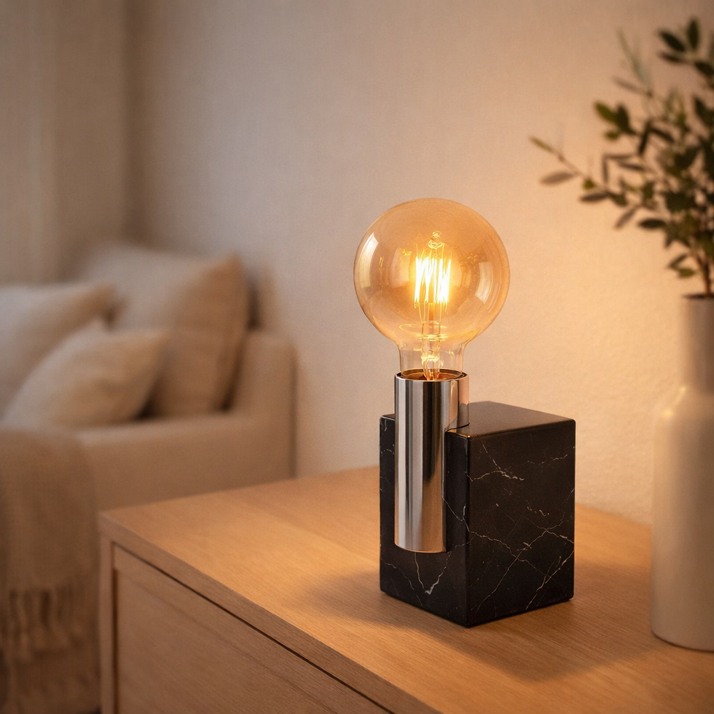 Lampe en marbre Gemma 16 cm de haut, en marbre et en métal de couleur en acier inoxydable, socket E27, éclairage pour salle à manger, salon, couloir ou bureau en situation