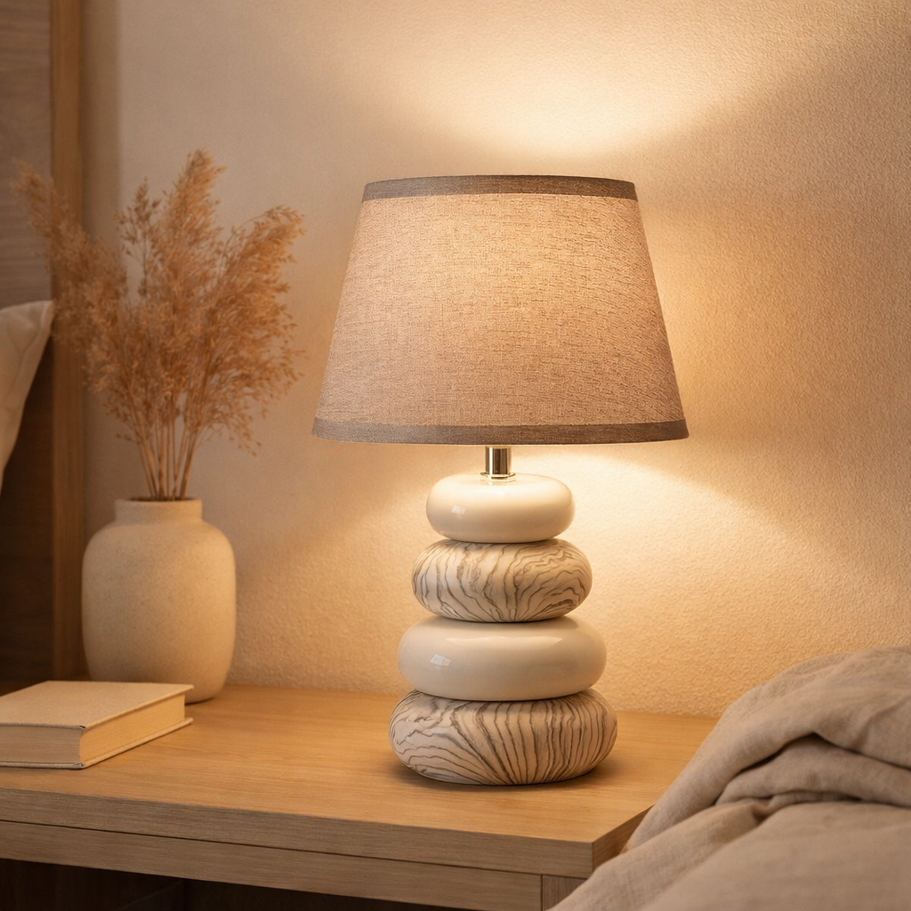 Lampe de table en céramique Stoney, moderne., Lampe de table en céramique en gris, avec douille E14, lampe de table pour salle à manger, salon, couloir ou bureau, ou comme lampe de chevet, 31 cm de haut en situation