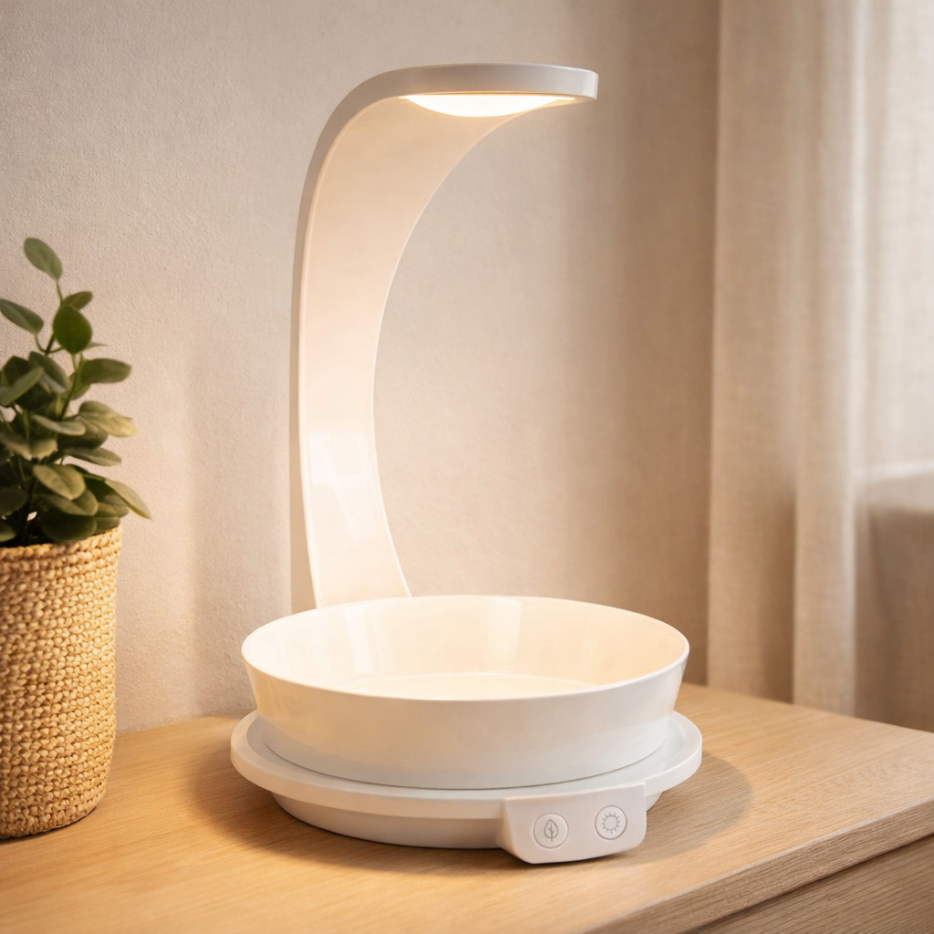 LED PLANT Tablet Light 24 cm de haut, en métal et en plastique en blanc, avec LED intégrée en situation
