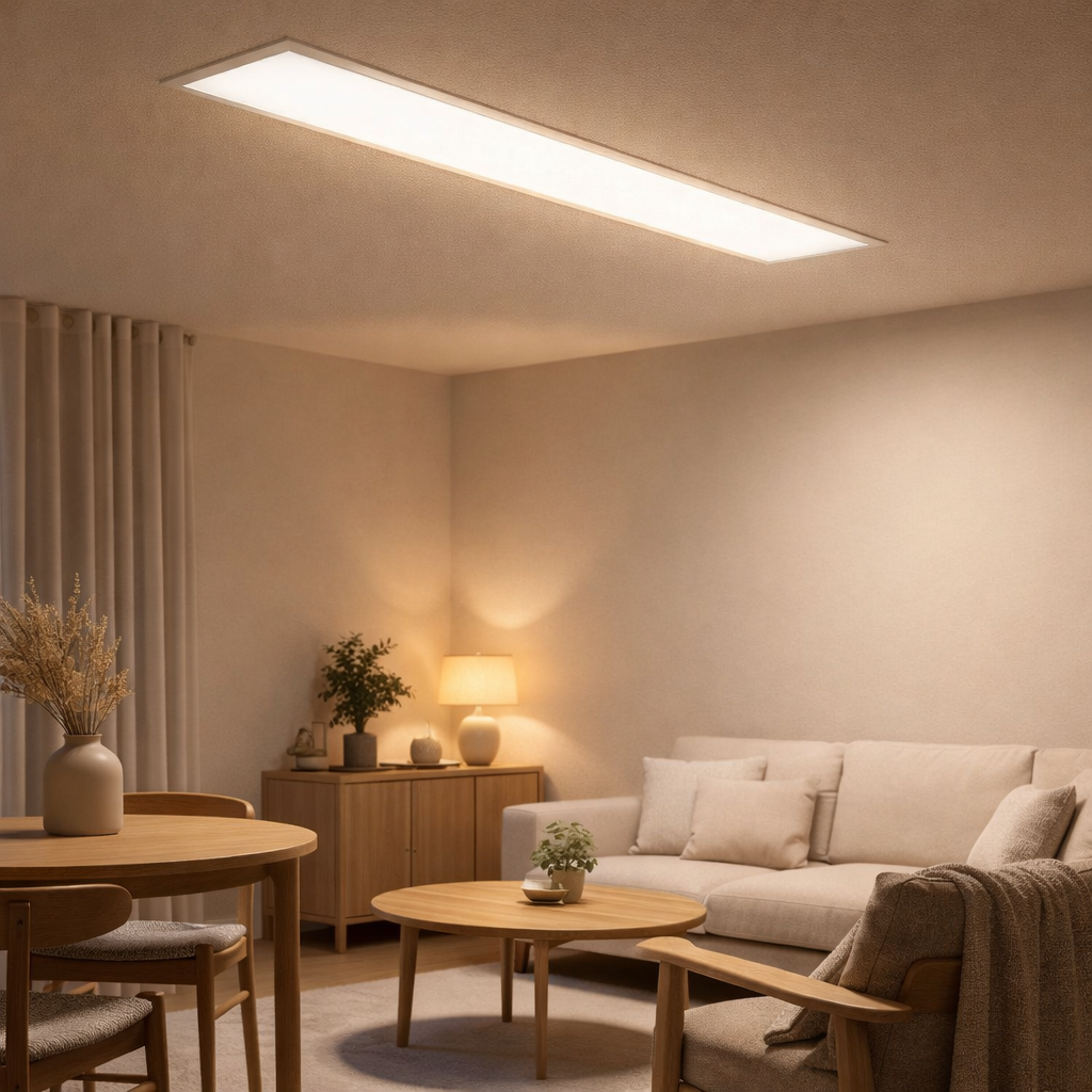 Panneau LED lampe au plafond Nico, lampe au plafond métallique fonctionnelle et le plastique en blanc, avec des LED fixes et de nombreuses fonctions, idéales pour le bureau, la pratique ou l'atelier, environ 119,5 cm de long en situation