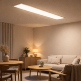 Panneau LED lampe au plafond Nico, lampe au plafond métallique fonctionnelle et le plastique en blanc, avec des LED fixes et de nombreuses fonctions, idéales pour le bureau, la pratique ou l'atelier, environ 119,5 cm de long en situation