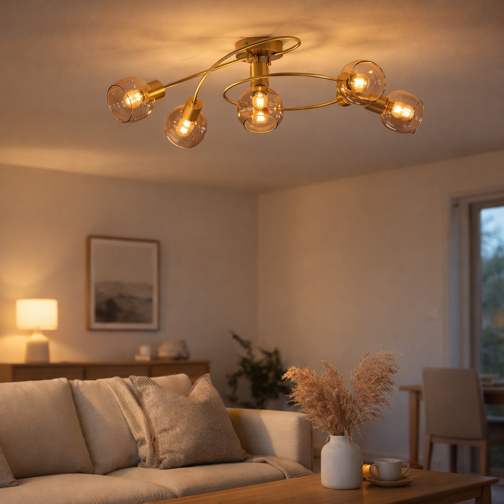 Le plafonnier / plafond en laiton Libby , lampe au plafond classique en métal de couleur en laiton et en verre teinté en ambre, avec socket E14, pour salle à manger, salon, couloir ou bureau, 65,5 cm de long en situation