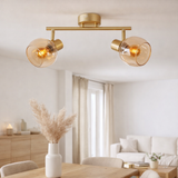 2er Spot / plafond Libby, plafond classique en métal de couleur en laiton et verre teinté en ambre, avec socket E14, pour salle à manger, salon, couloir ou bureau, 40 cm de long en situation