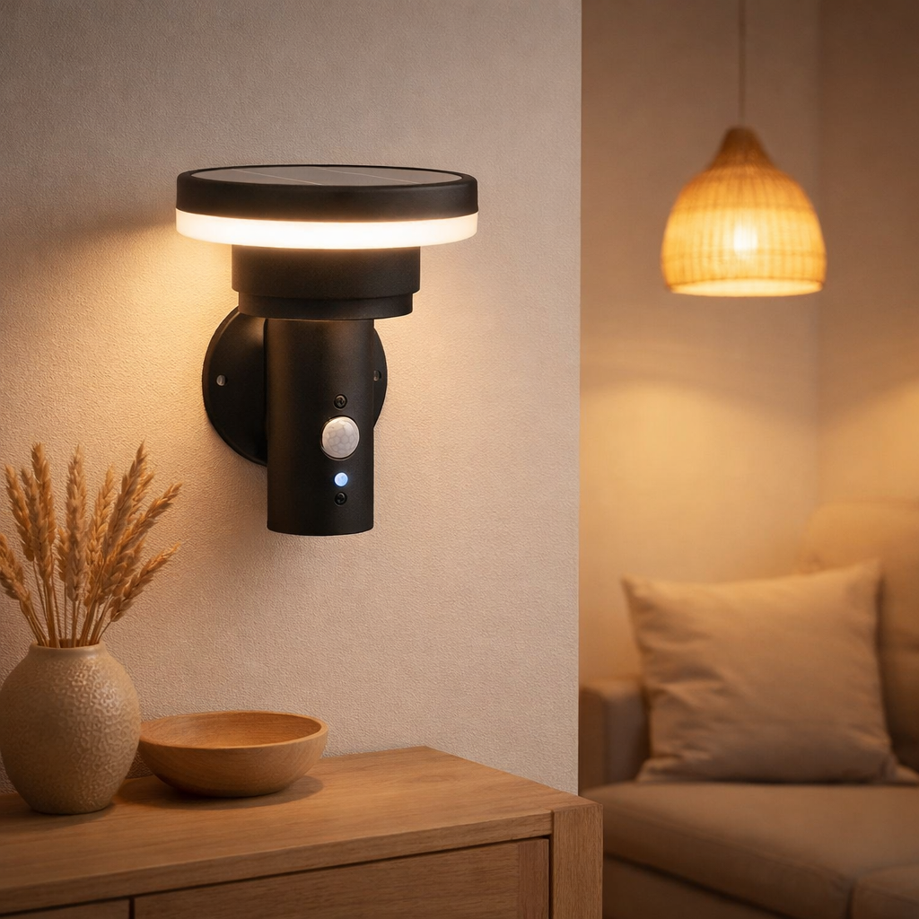 Lampe murale extérieure solaire LED Nora, pour l'extérieur, lampe murale - métal et plastique en noir, avec LED intégré en situation
