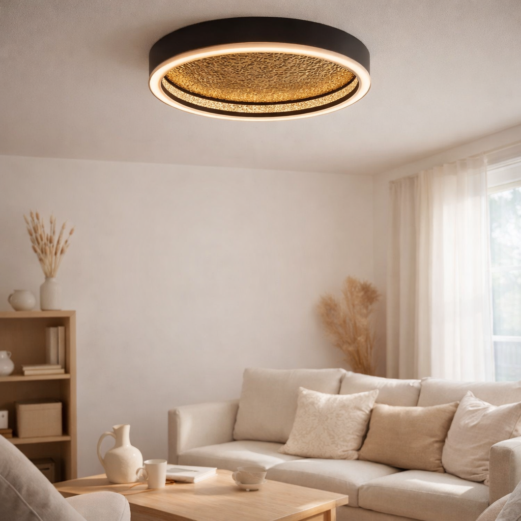 LED PLAFICATION ARANY, PLAFICATION FAGEMENT DE METAL ET DE PLASTIQUE EN NOIR, avec des LED fermement construites, dimmables, 40 cm de diamètre en situation