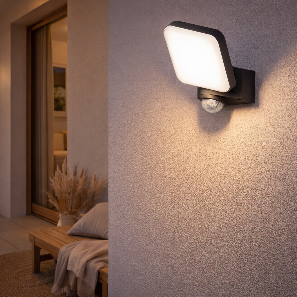 Lampe murale externe LED Jaro avec détecteur de mouvement à 360 °, en plastique en anthracite, avec LED intégré en situation