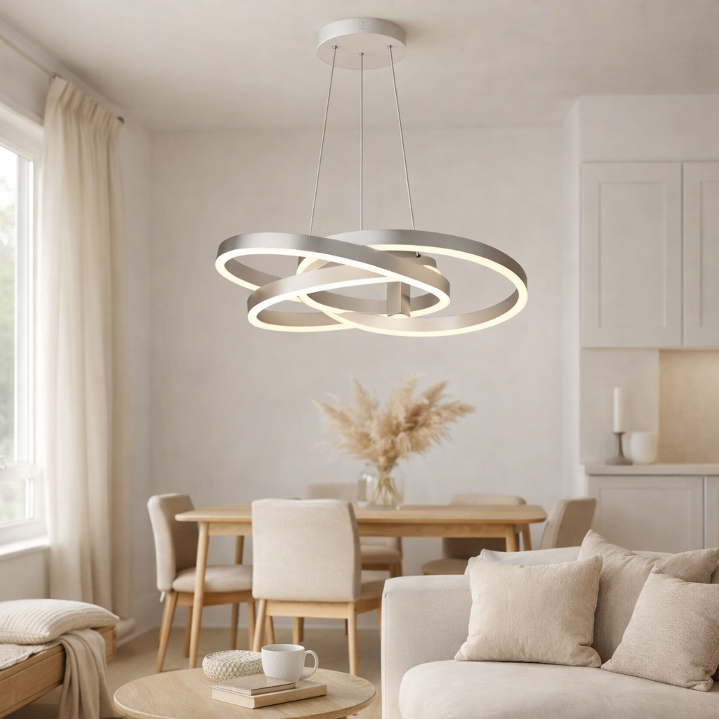 Smart Home LED Pendant Light Divrame Ø 58 cm, plafond en métal, en aluminium brossé et en plastique blanc, avec de nombreuses fonctions, les LED fermement construites, l'éclairage pour le salon, le bureau de la salle à manger ou le couloir en situation