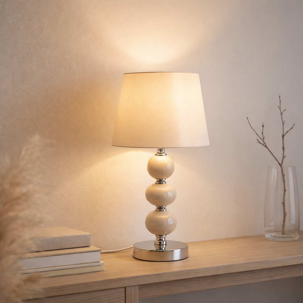Lampe de table en céramique Araga 36 cm de haut, lampe de table en métal, céramique, avec des lames de texte, beige, avec socket E14, éclairage pour salle à manger, salon, couloir ou bureau en situation