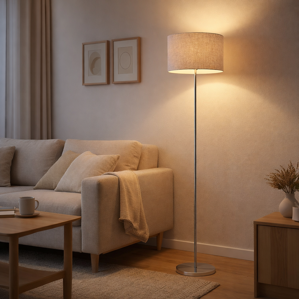 Lampe debout New York, lampadaire en métal classique avec souffleur de texte en gris, avec socket E27, 160 cm de haut, parfait pour le salon, la salle à manger, le couloir et le bureau en situation