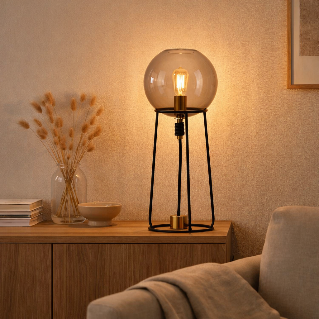 Lampe de table Stelo, lampe de table moderne en métal noir et verre fumé, socket E27, 71 cm de haut, pour salle à manger, salon, couloir ou bureau, en situation