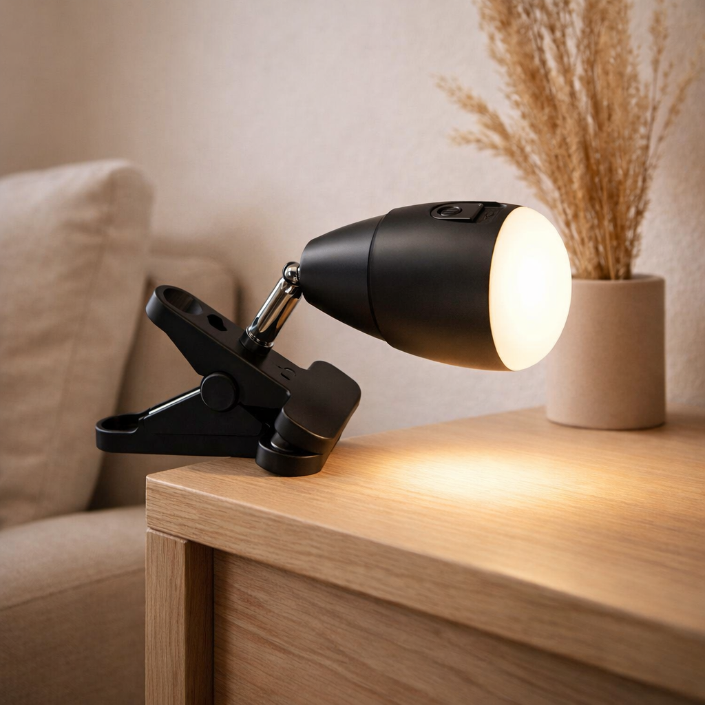 Lampe de serrage LED en métal et en plastique en noir, avec des LED intégrées en situation