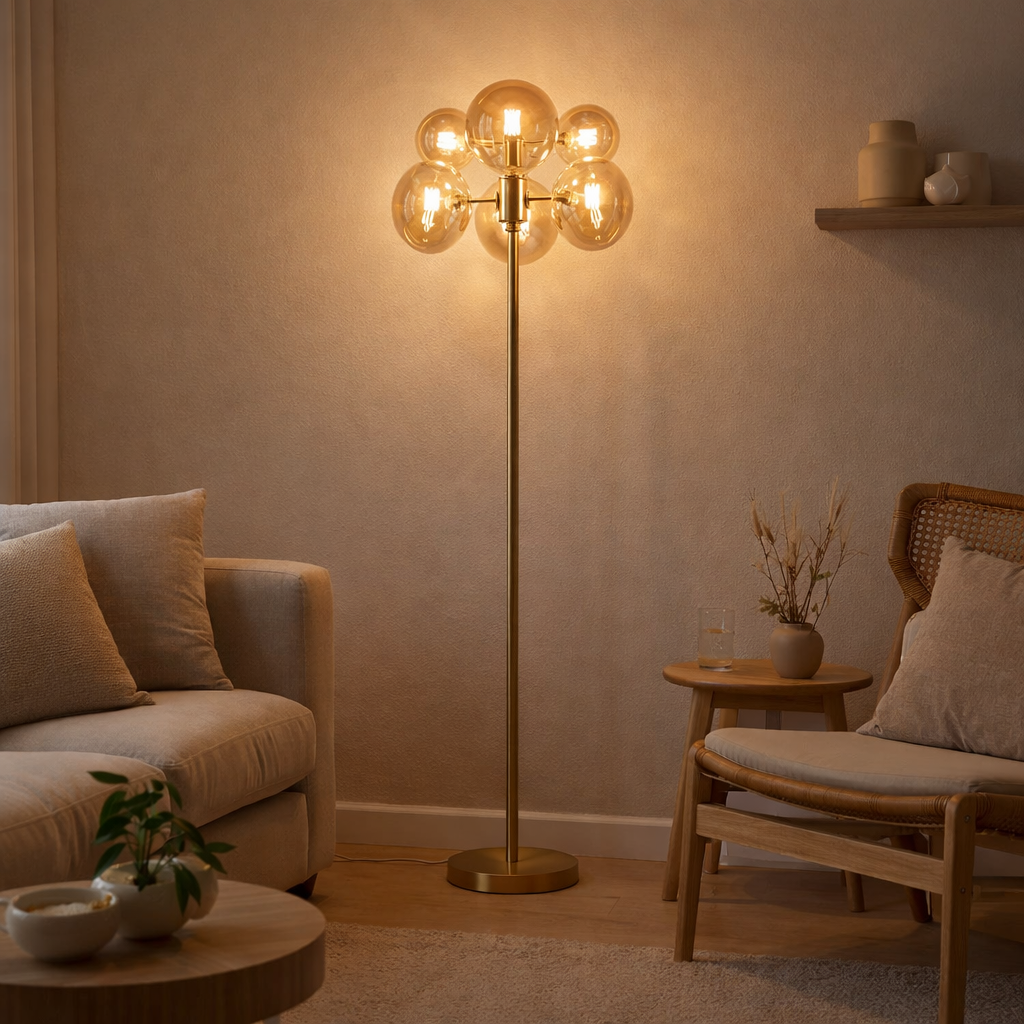 Lampe debout Orion env. 165 cm de haut, fait de métal et de verre de couleur en laiton à Amber, G9 Base, éclairage pour le salon, la salle à manger ou le bureau. en situation