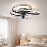Le plafond LED moderne Riccio, y compris le ventilateur, la fonction de lumière nocturne, la gradation et le réglage de la température de la lumière, est équipé de LED fermement installées et dispose d'un Øvon 58 cm approximatif. en situation