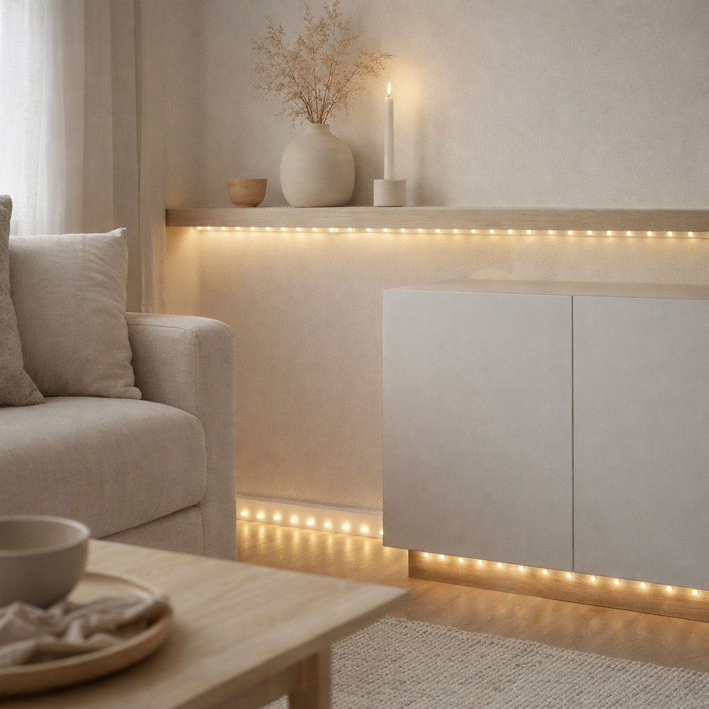 LED Stripe environ 5 m de long, avec 2 x 10 cm flexible et alimentation en fiche; 300 LED, blanc chaud. en situation