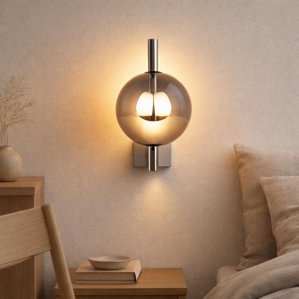 Lampe murale LED Nova Chrome en métal et verre de fumée, avec LED intégrée, 31,3 cm de haut en situation