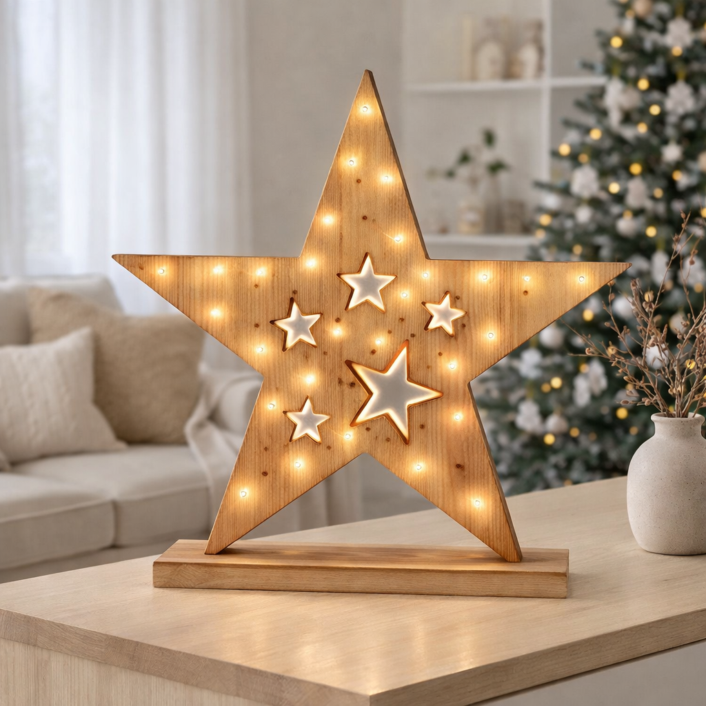 LED Wood Star 49 cm de haut, décorations de Noël en bois dans la nature, avec des LED fermement installés en situation