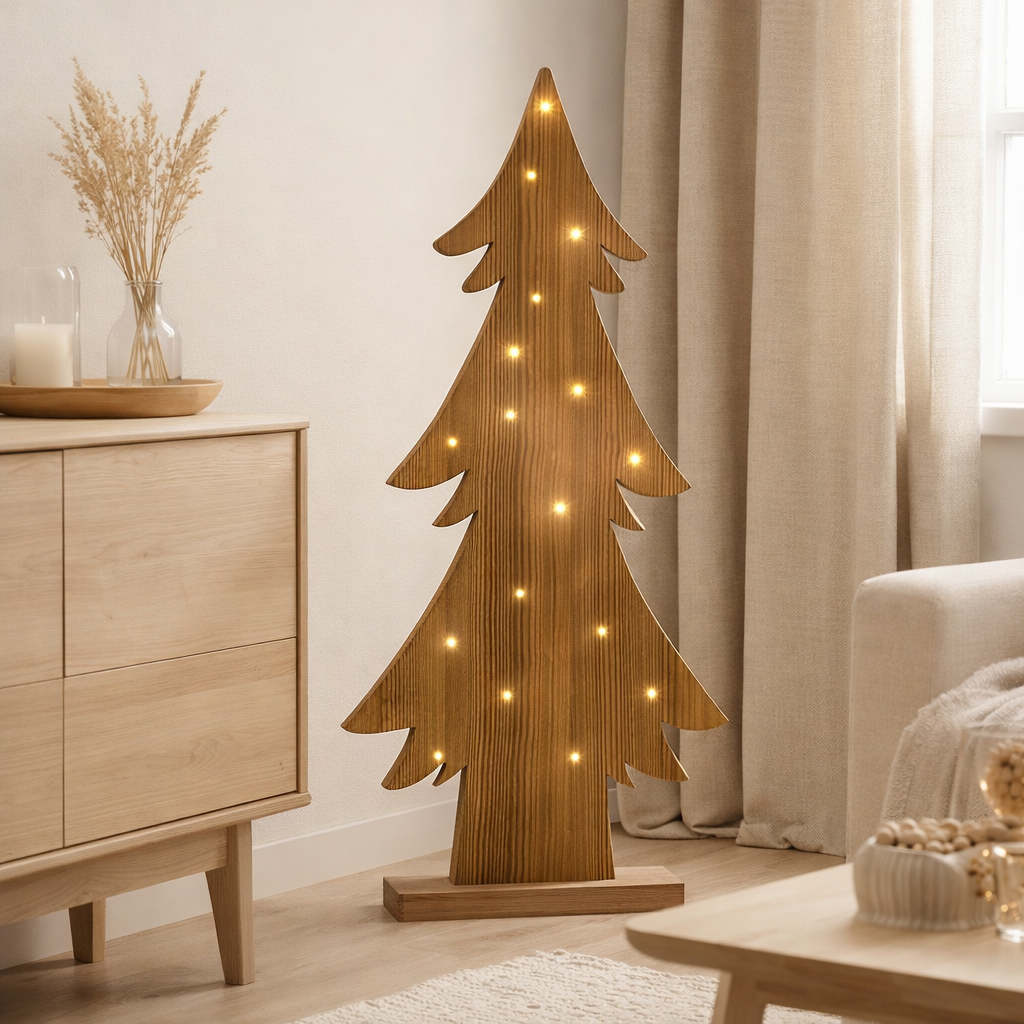 Sapin de Noël en bois LED h : 90 cm en situation