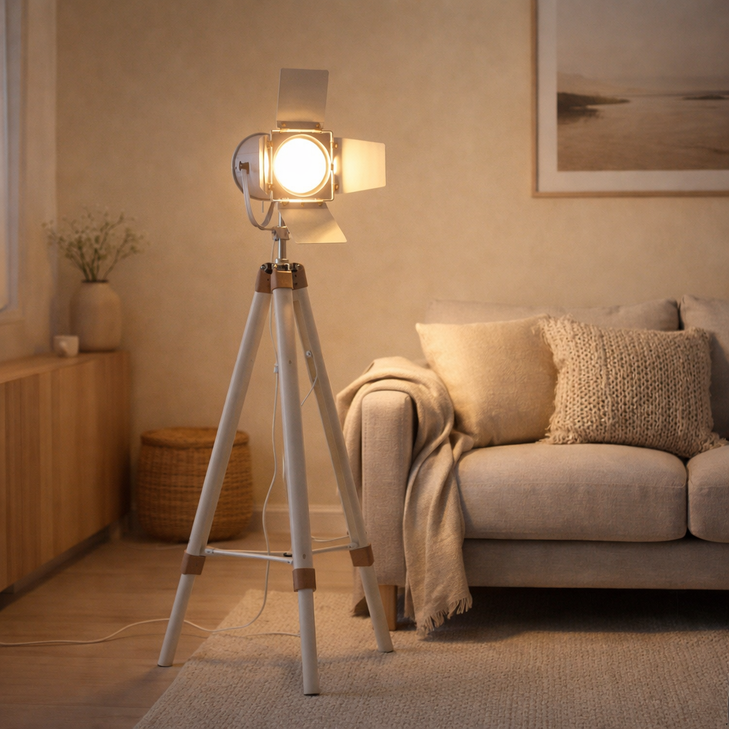 Lampe debout à trois pattes en blanc avec version E27, 100-140 cm de haut, lampe pour le salon, la salle à manger ou le bureau en situation