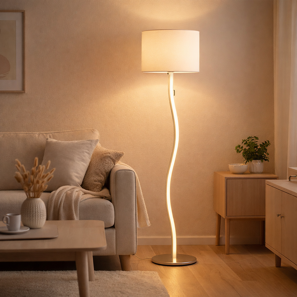 Lampadaire LED Aurelia en métal et en plastique en blanc avec des LED fermement construites, 163 cm de haut, éclairage pour le salon, la salle à manger ou le bureau en situation