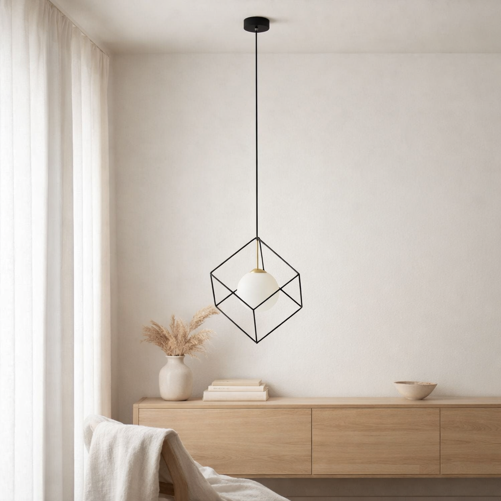 «Cadre» pendentif, retraité rétrospective en métal et en verre en noir et blanc avec une prise G9, une longueur latérale de 30 cm, pour le salon et le bureau. en situation