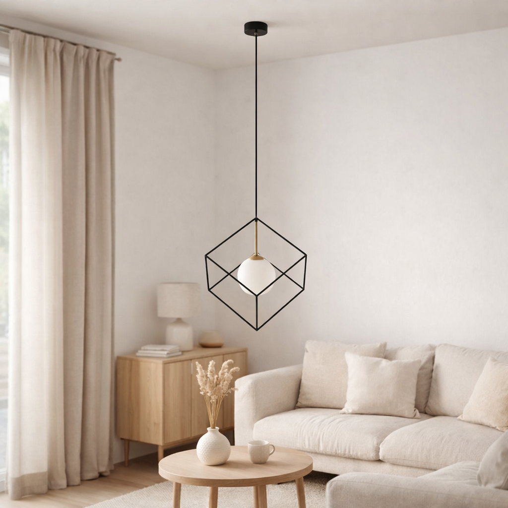 «Cadre» pendentif, retraité rétrospective en métal et en verre en noir et blanc avec une prise G9, une longueur latérale de 30 cm, pour le salon et le bureau. en situation