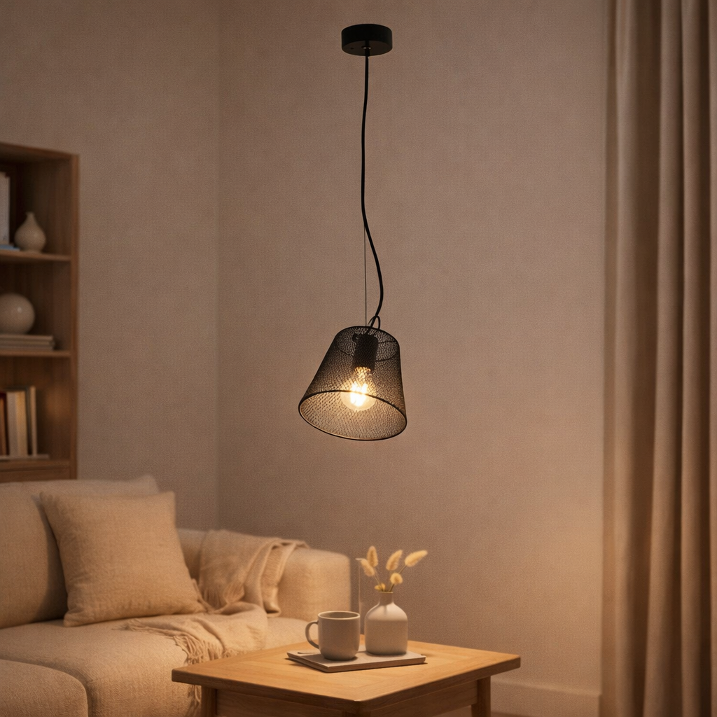 Pendant lampe Korie, pendentif en métal en noir, avec socket E27, Ø20cm, pour le salon et le bureau. en situation