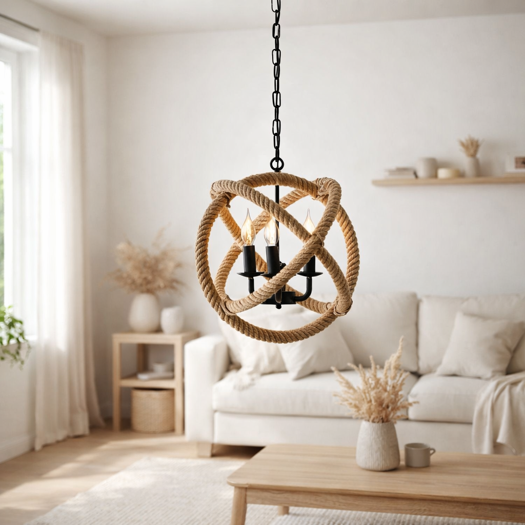 Pendentif Regia, black metal, corde de chanvre, prise E27, éclairage pour le salon, salle à manger ou bureau, 43 cm de diamètre en situation
