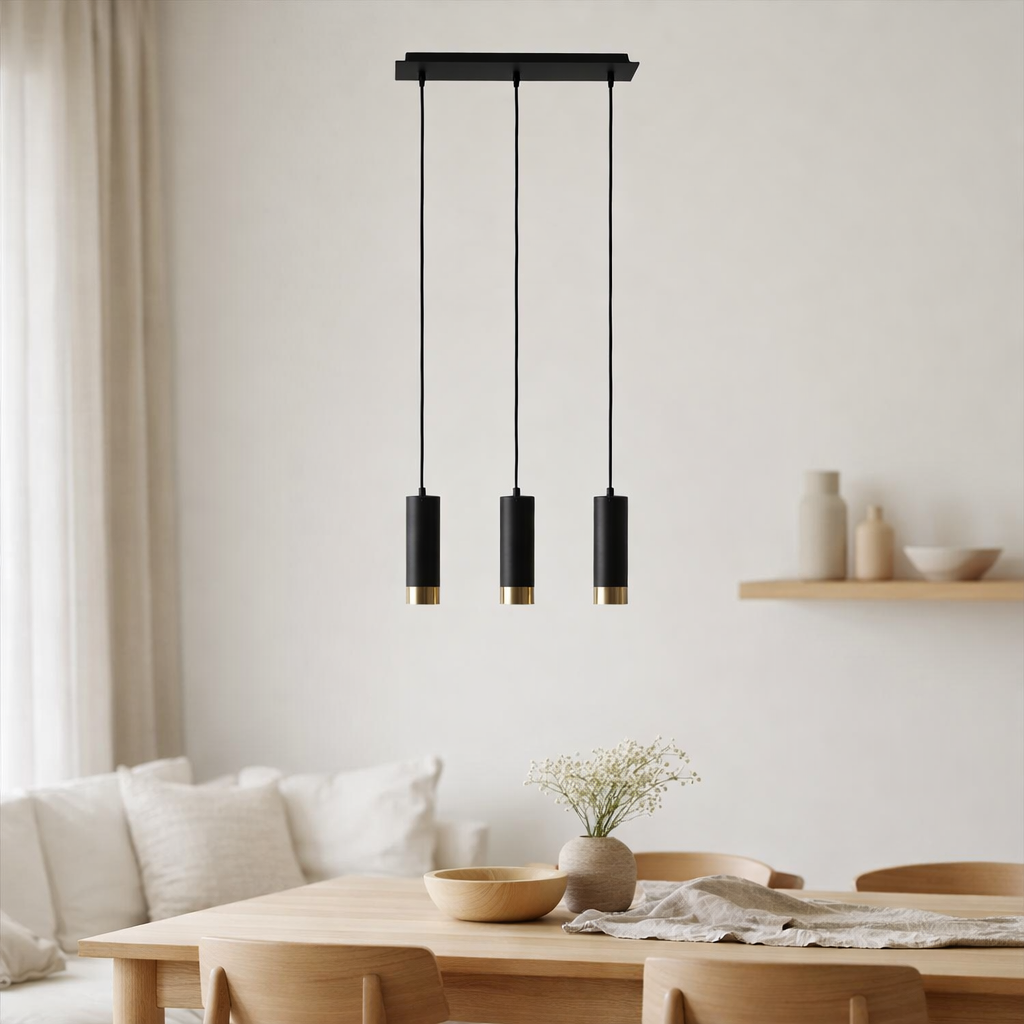 3 pendentif Fridu en métal en noir Matt, avec base GU10, 48 cm de long en situation