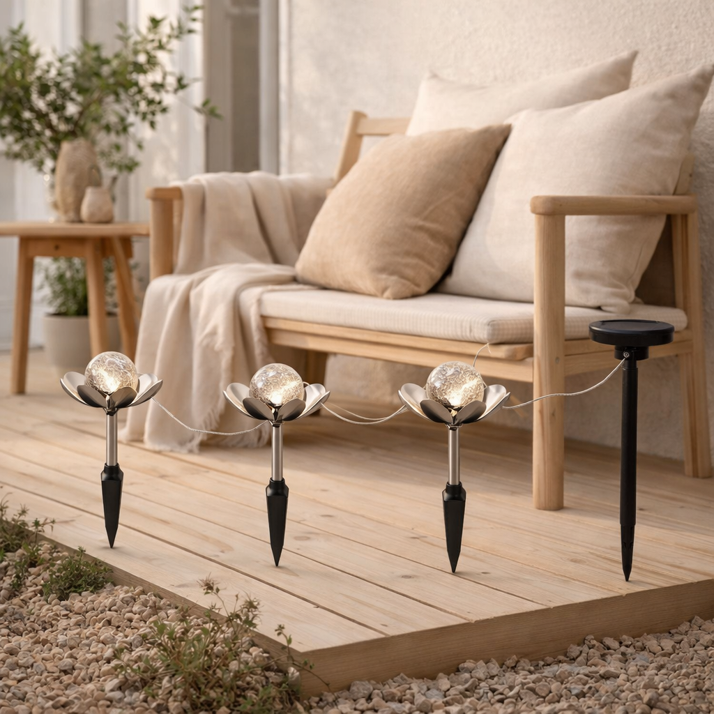 Solar-Deco-Earthspieß 3 Set LULE Ø Env. 10 cm, env. 20 cm de haut, en acier inoxydable, verre avec un effet de crépitement en situation