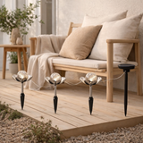 Solar-Deco-Earthspieß 3 Set LULE Ø Env. 10 cm, env. 20 cm de haut, en acier inoxydable, verre avec un effet de crépitement en situation