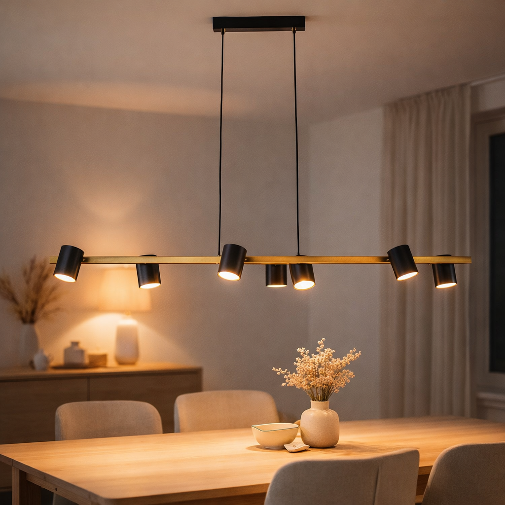 6 -Seater Pendant Light Frida en métal noir / or, lampe suspendue, Gu10, pendentif pour salle à manger, salon, couloir ou bureau, 115 cm de long en situation