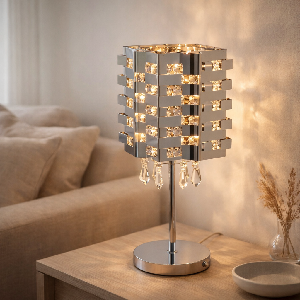 Lampe de table cristallo en métal et en verre, chrome, e27 en situation
