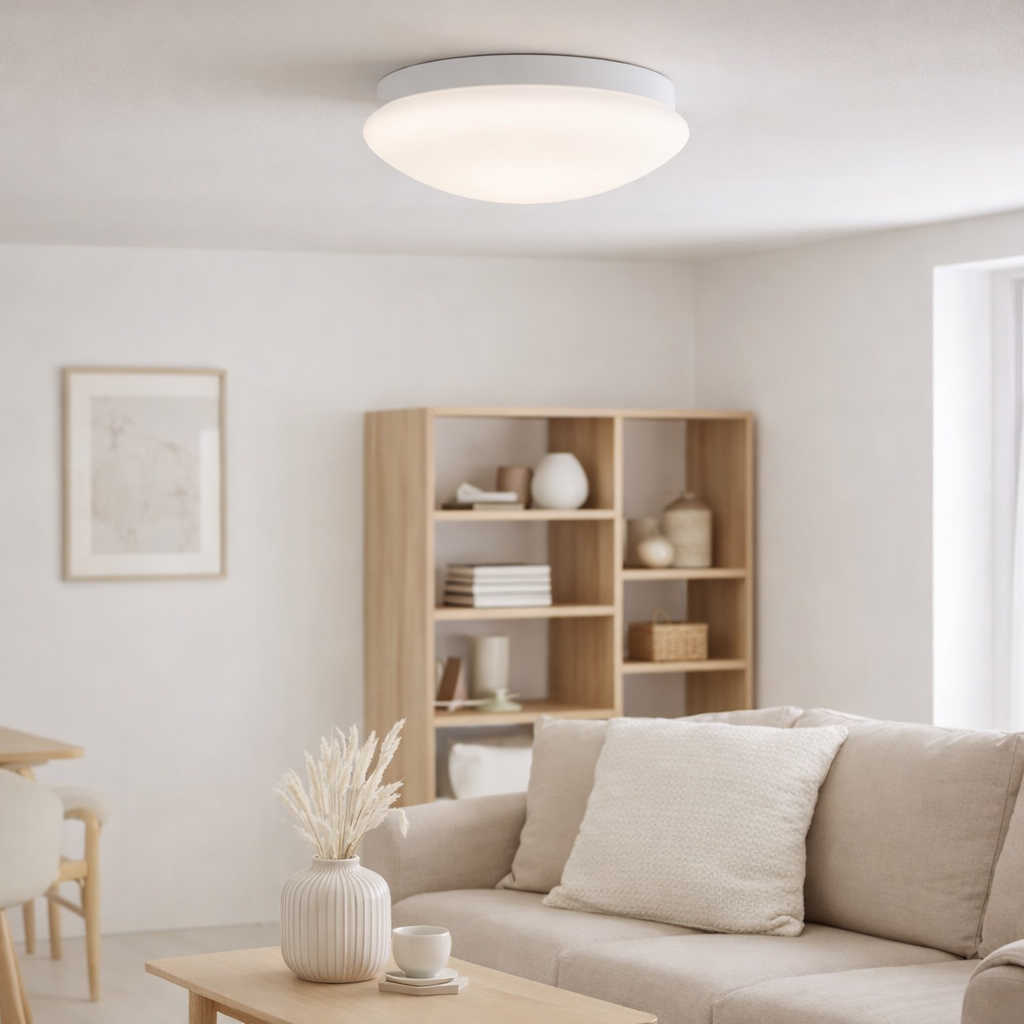 Le plafond LED Genève en métal et en plastique en blanc, avec des LEDS fermement construites Ø Env. 30 cm en situation