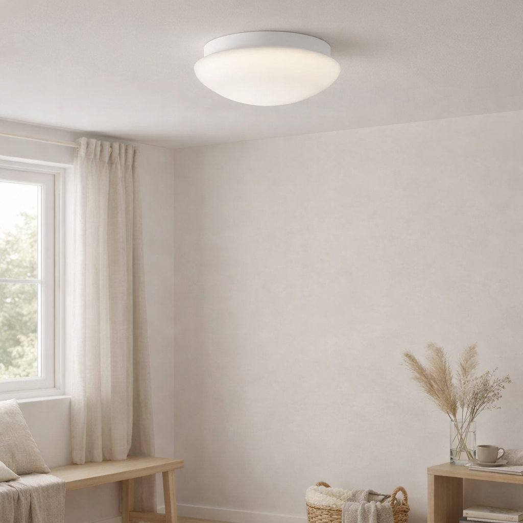Le plafond LED Genève en métal et en plastique en blanc, avec des LEDS fermement construites Ø Env. 30 cm en situation