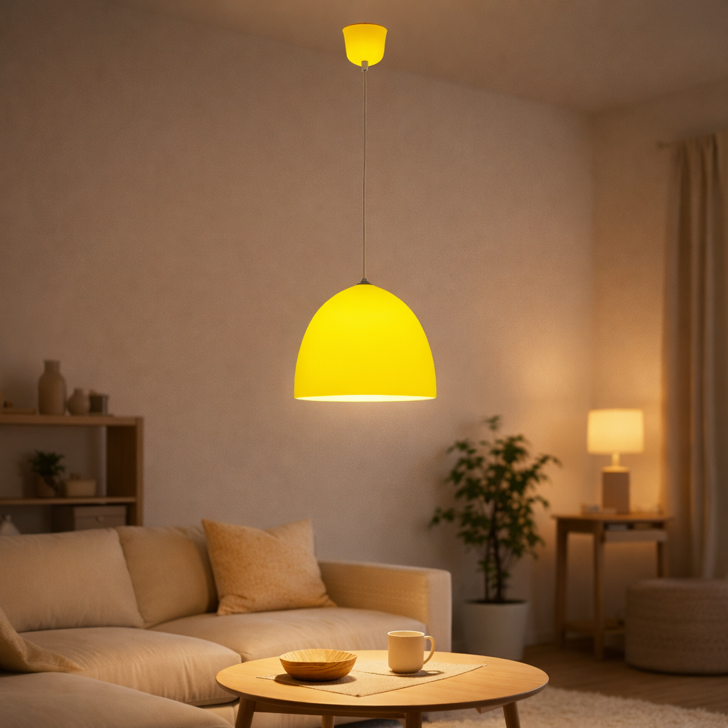 Lampe à pendentif en silicone Catinus Ø 25 cm, en silicone jaune, E27 en situation