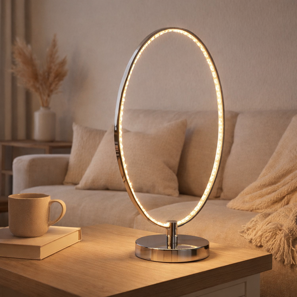Lampe de table à LED 44 cm, métal-color en chrome, LED intégrés. en situation