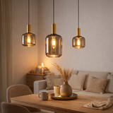 3 Pendant lampe Fumo, suspension en métal et en verre en noir, avec une douille E14, pour salle à manger, salon, couloir ou bureau, lampe suspendue de 82 cm de long en situation