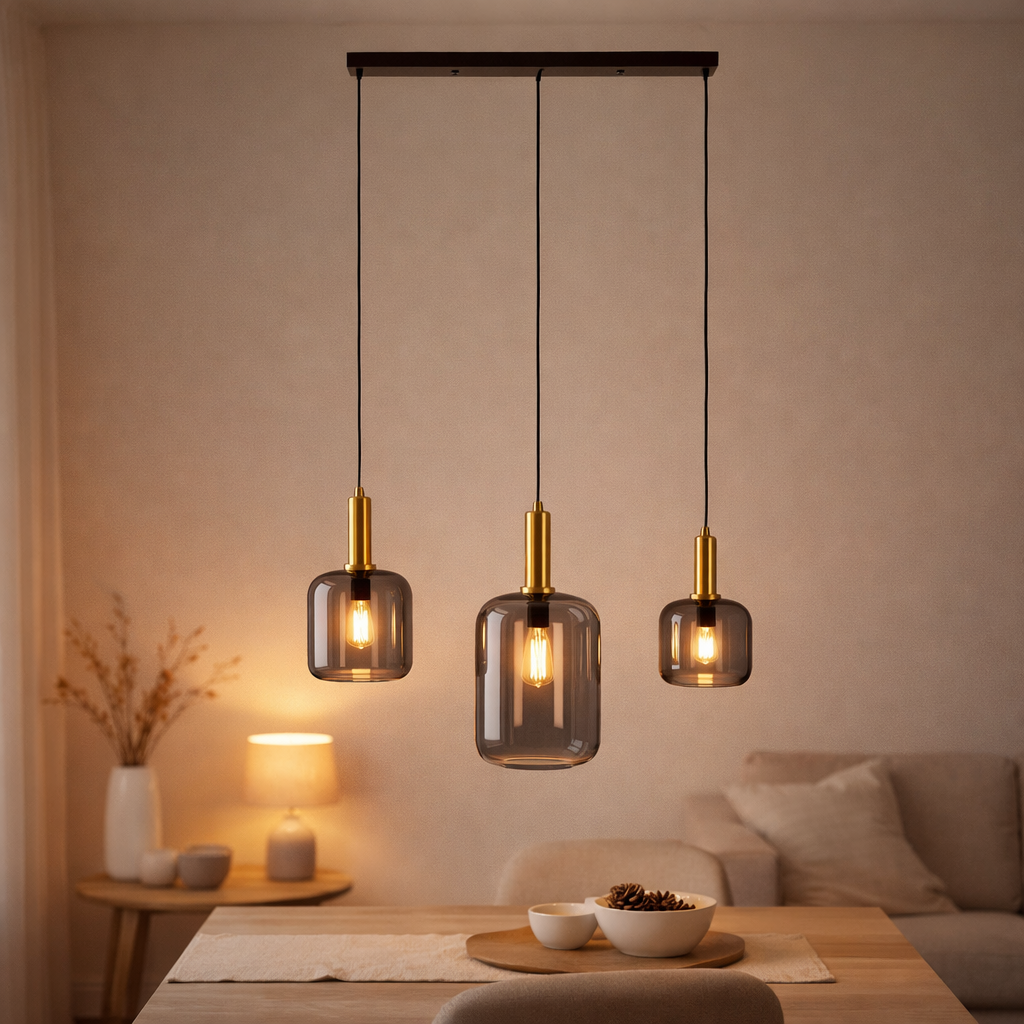 3 Pendant lampe Fumo, suspension en métal et en verre en noir, avec une douille E14, pour salle à manger, salon, couloir ou bureau, lampe suspendue de 82 cm de long en situation