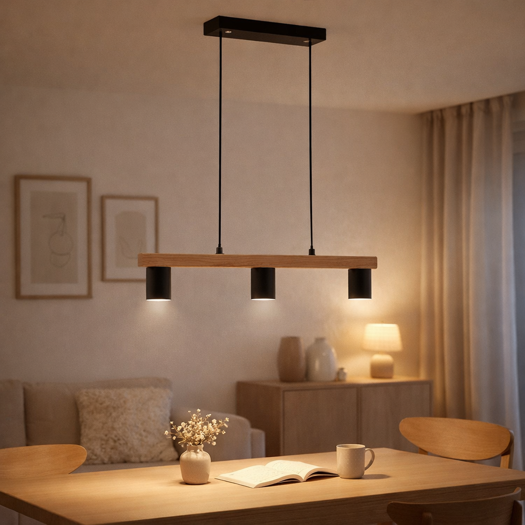 4 pendentif en métal Frida et bois en noir, et nature, lampe suspendue, Gu10, pendentif pour salle à manger, salon, couloir ou bureau, 80 cm de long en situation