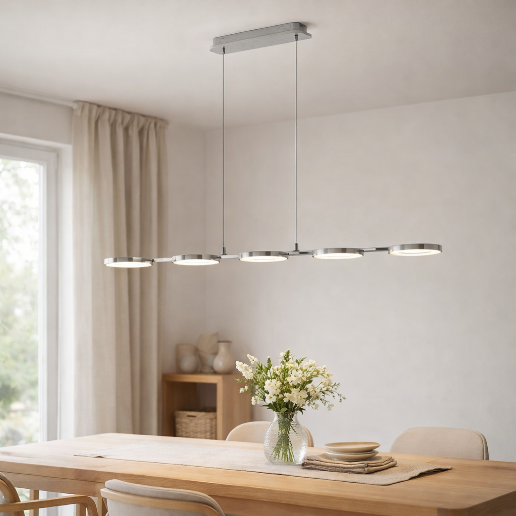 «Poutre» pendentif LED en métal et en plastique en acier-en-linge, avec LED intégrée en situation