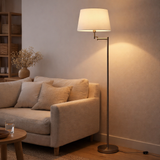 Lampe debout Bologne hauteur 158 cm en métal dans un nickel en satin, beiger textalspreis, e27 en situation