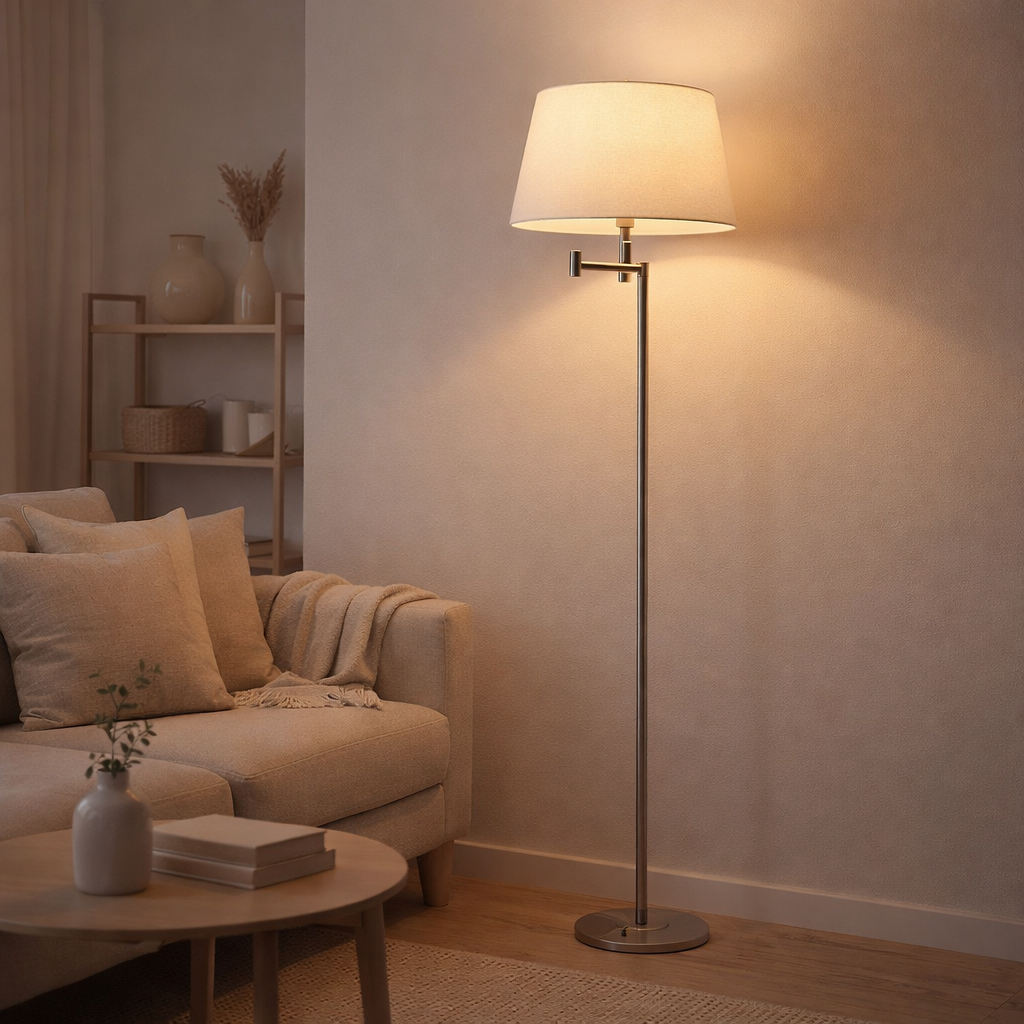 Lampe debout Bologne hauteur 158 cm en métal dans un nickel en satin, beiger textalspreis, e27 en situation